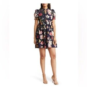 Vince Camuto printed pebble crepe high neck ruffle dress